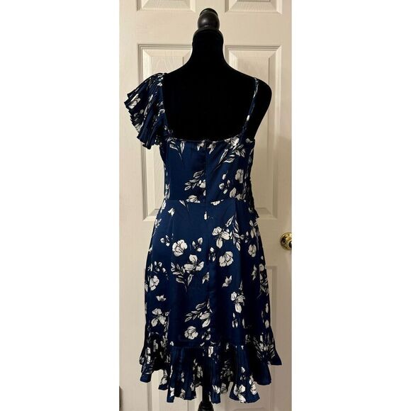 NWOT Lucy Paris Dark Blue Floral Dress Asymmetric Pleated Sleeve Lined Dress S - Picture 3 of 9